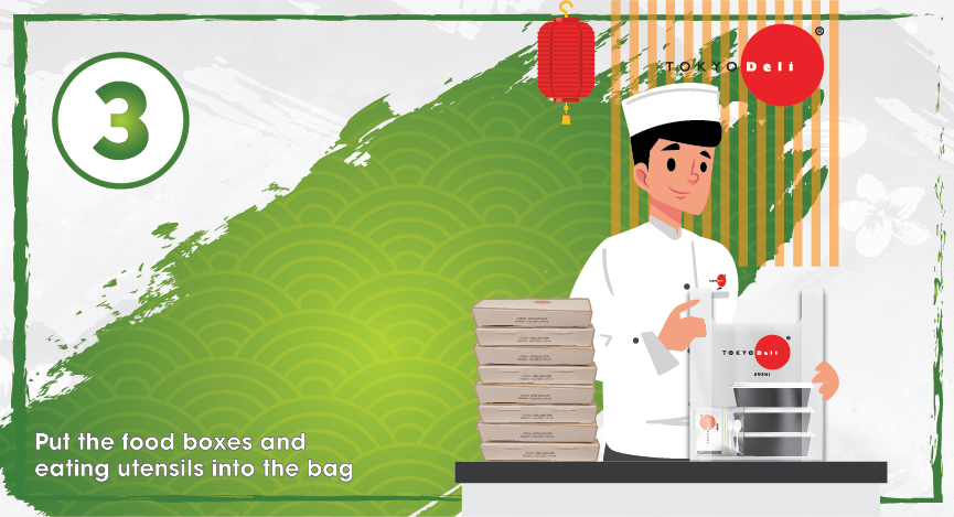 Bước 3: Các hộp thức ăn và bộ dụng cụ ăn uống được đặt vào túi.